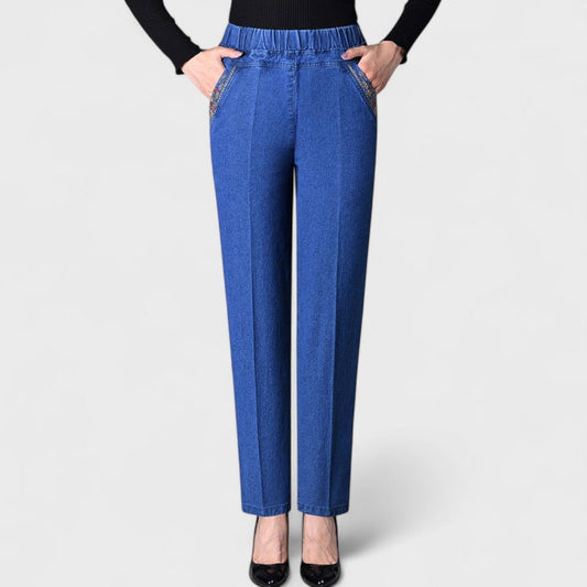 Effortless Blue Denim Jeans for Women with High Waisted Straight Leg Pockets Casual Style