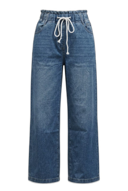 Effortless Blue Denim Jeans for Women with High Waisted Wide Leg Drawstring Casual Style