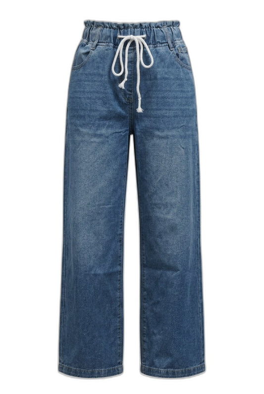 Effortless Blue Denim Jeans for Women with High Waisted Wide Leg Drawstring Casual Style