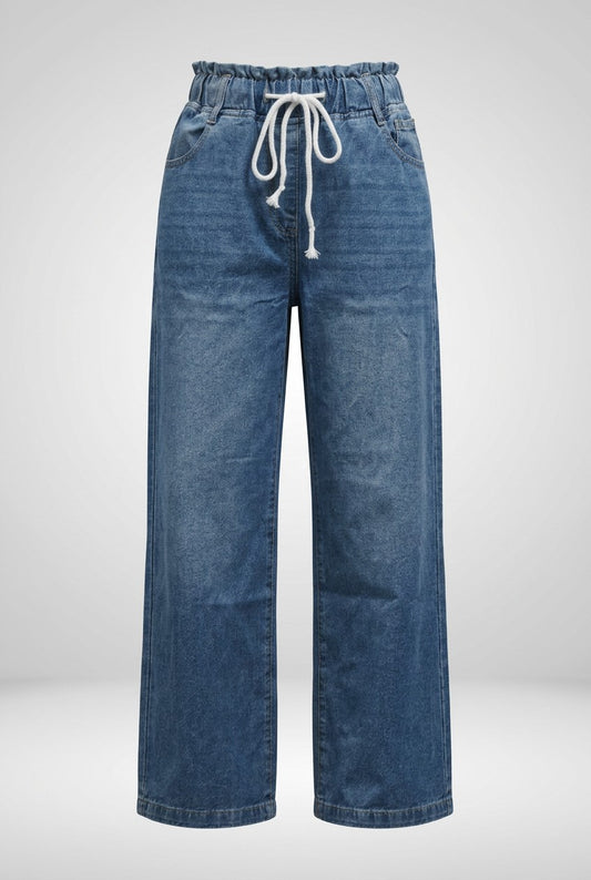 Effortless Blue Denim Jeans for Women with High Waisted Wide Leg Drawstring Casual Style