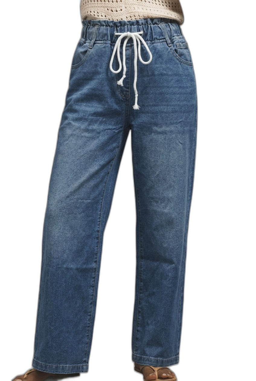Effortless Blue Denim Jeans for Women with High Waisted Wide Leg Drawstring Casual Style