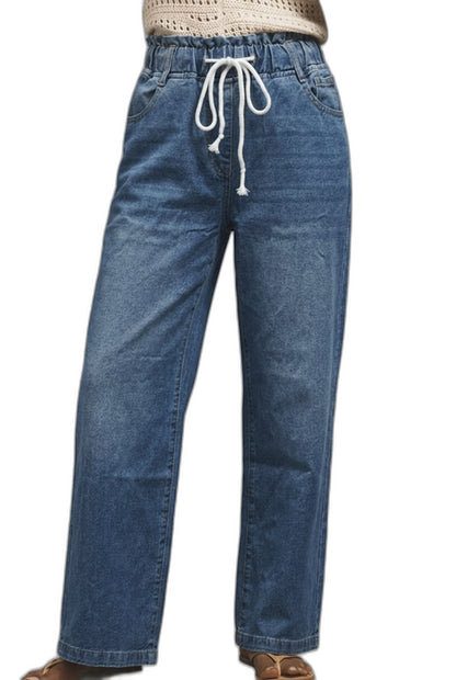 Effortless Blue Denim Jeans for Women with High Waisted Wide Leg Drawstring Casual Style