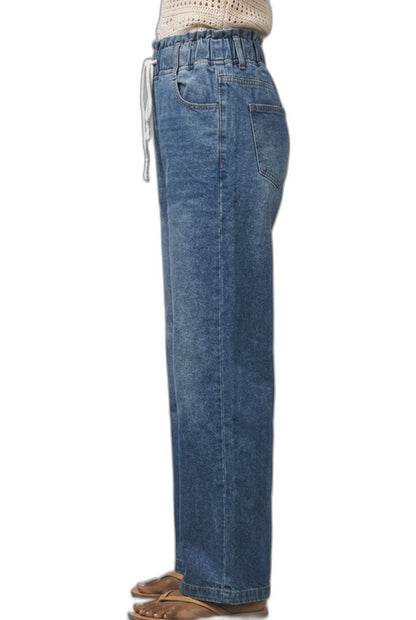 Effortless Blue Denim Jeans for Women with High Waisted Wide Leg Drawstring Casual Style