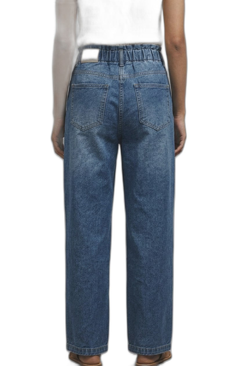 Effortless Blue Denim Jeans for Women with High Waisted Wide Leg Drawstring Casual Style