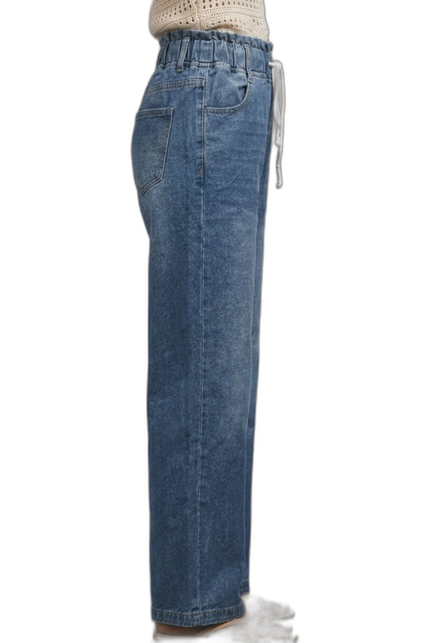 Effortless Blue Denim Jeans for Women with High Waisted Wide Leg Drawstring Casual Style