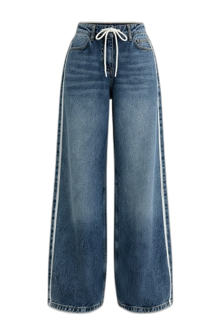 Effortless Blue Denim Jeans for Women with High Waisted Wide Leg Drawstring Pockets Casual Style