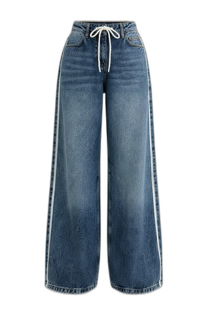Effortless Blue Denim Jeans for Women with High Waisted Wide Leg Drawstring Pockets Casual Style