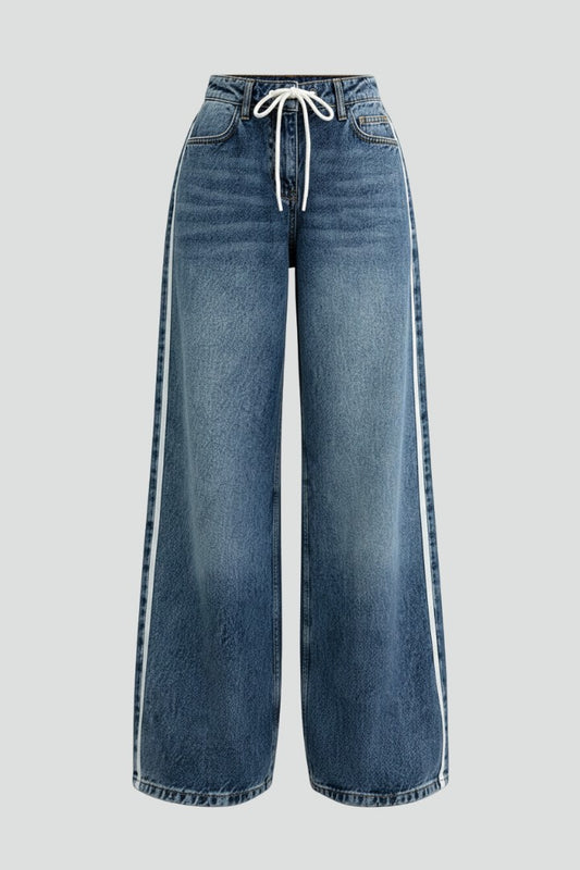 Effortless Blue Denim Jeans for Women with High Waisted Wide Leg Drawstring Pockets Casual Style