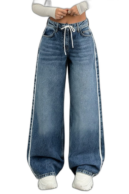 Effortless Blue Denim Jeans for Women with High Waisted Wide Leg Drawstring Pockets Casual Style