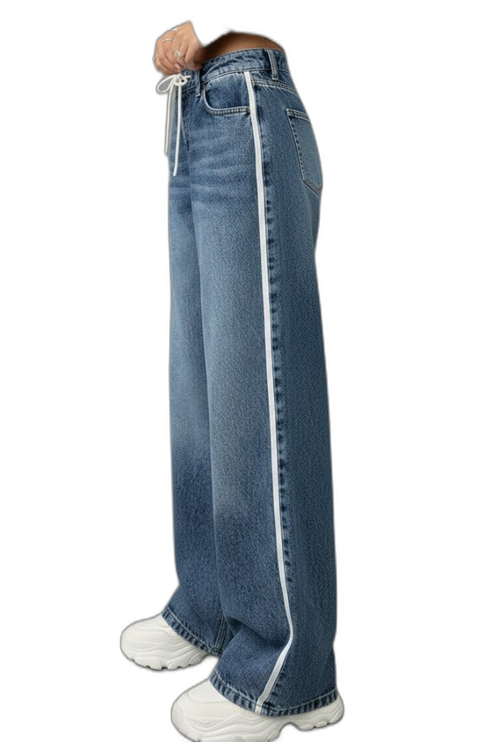Effortless Blue Denim Jeans for Women with High Waisted Wide Leg Drawstring Pockets Casual Style