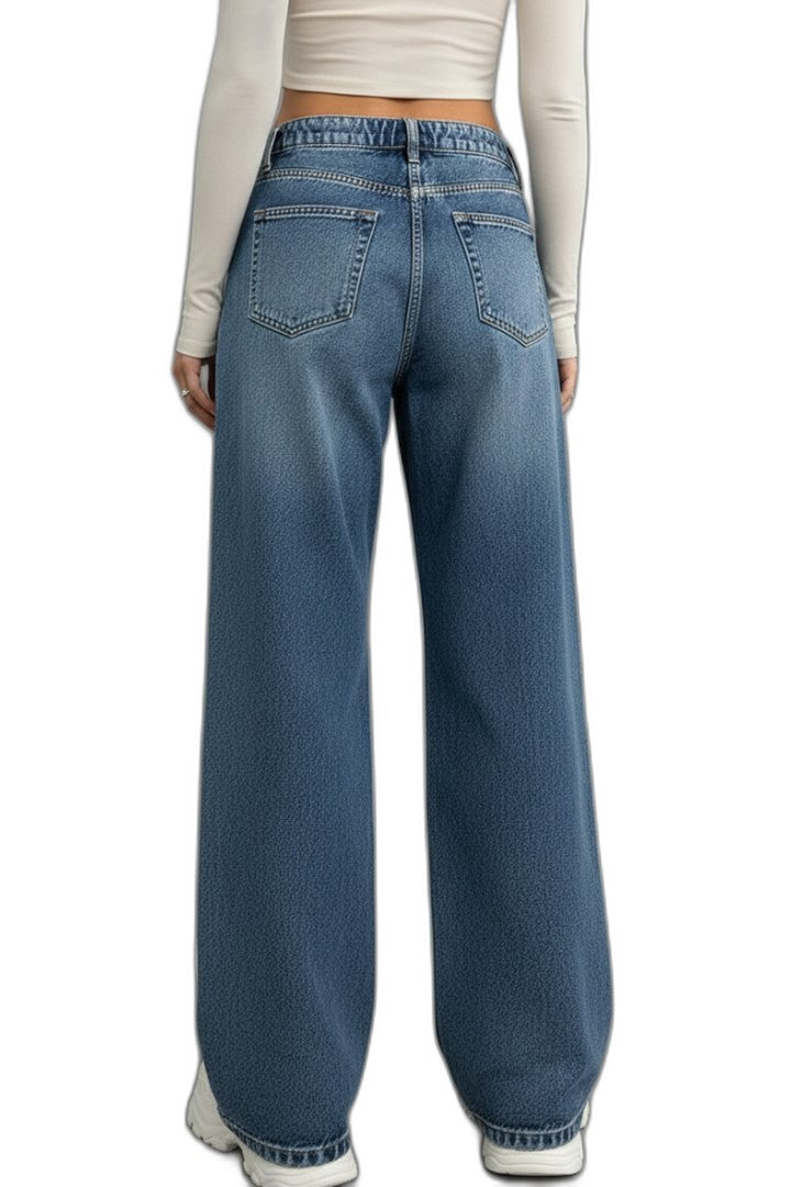 Effortless Blue Denim Jeans for Women with High Waisted Wide Leg Drawstring Pockets Casual Style