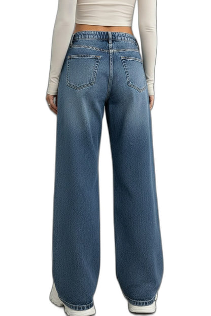 Effortless Blue Denim Jeans for Women with High Waisted Wide Leg Drawstring Pockets Casual Style