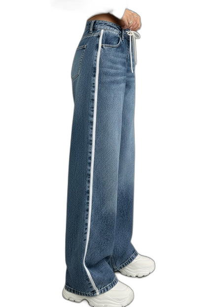 Effortless Blue Denim Jeans for Women with High Waisted Wide Leg Drawstring Pockets Casual Style