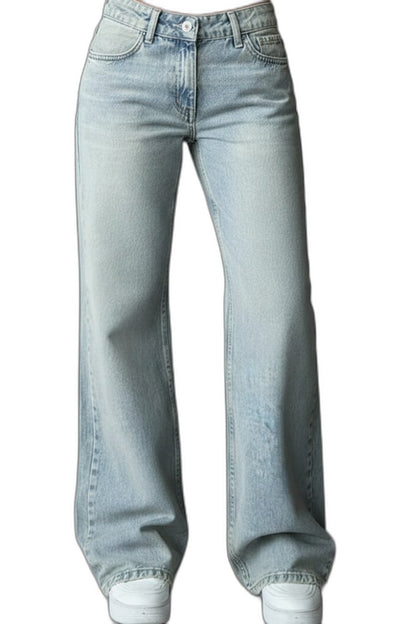 Effortless Blue Denim Jeans for Women with High Waisted Wide Leg Drawstring Pockets Casual Style