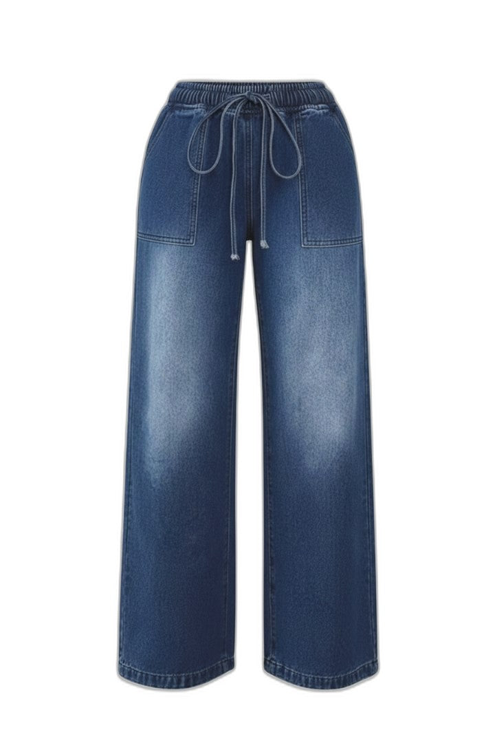 Effortless Blue Denim Jeans for Women with High Waisted Wide Leg Drawstring Pockets Casual Style