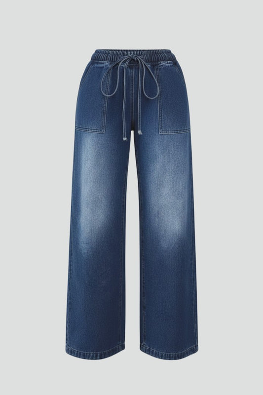 Effortless Blue Denim Jeans for Women with High Waisted Wide Leg Drawstring Pockets Casual Style