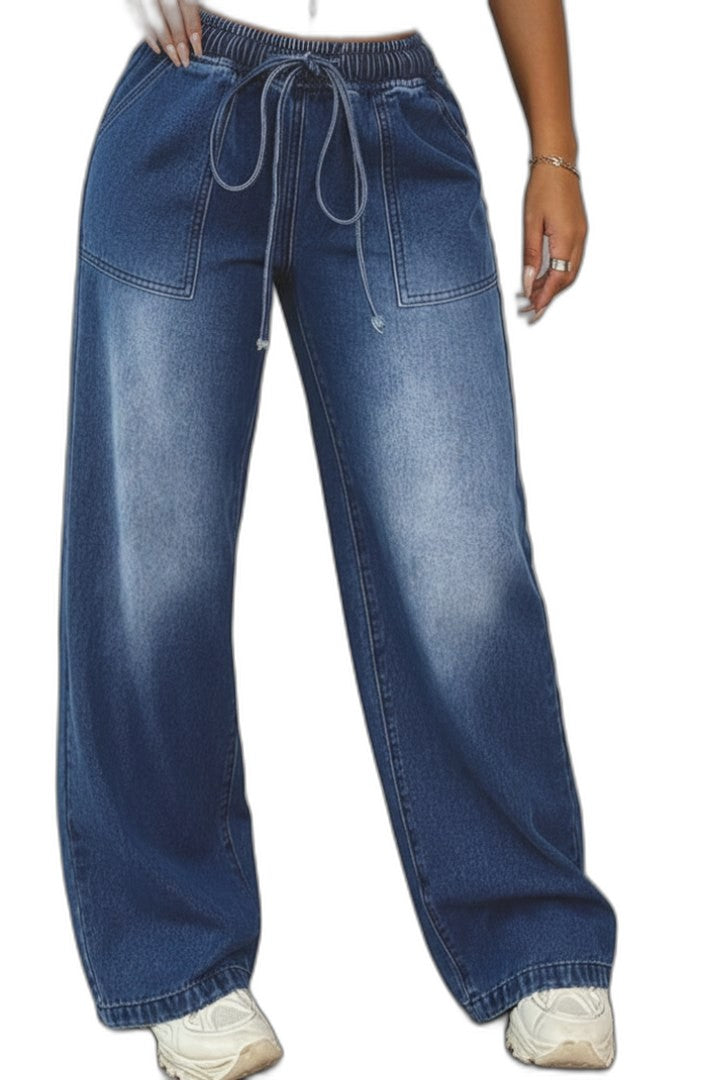 Effortless Blue Denim Jeans for Women with High Waisted Wide Leg Drawstring Pockets Casual Style
