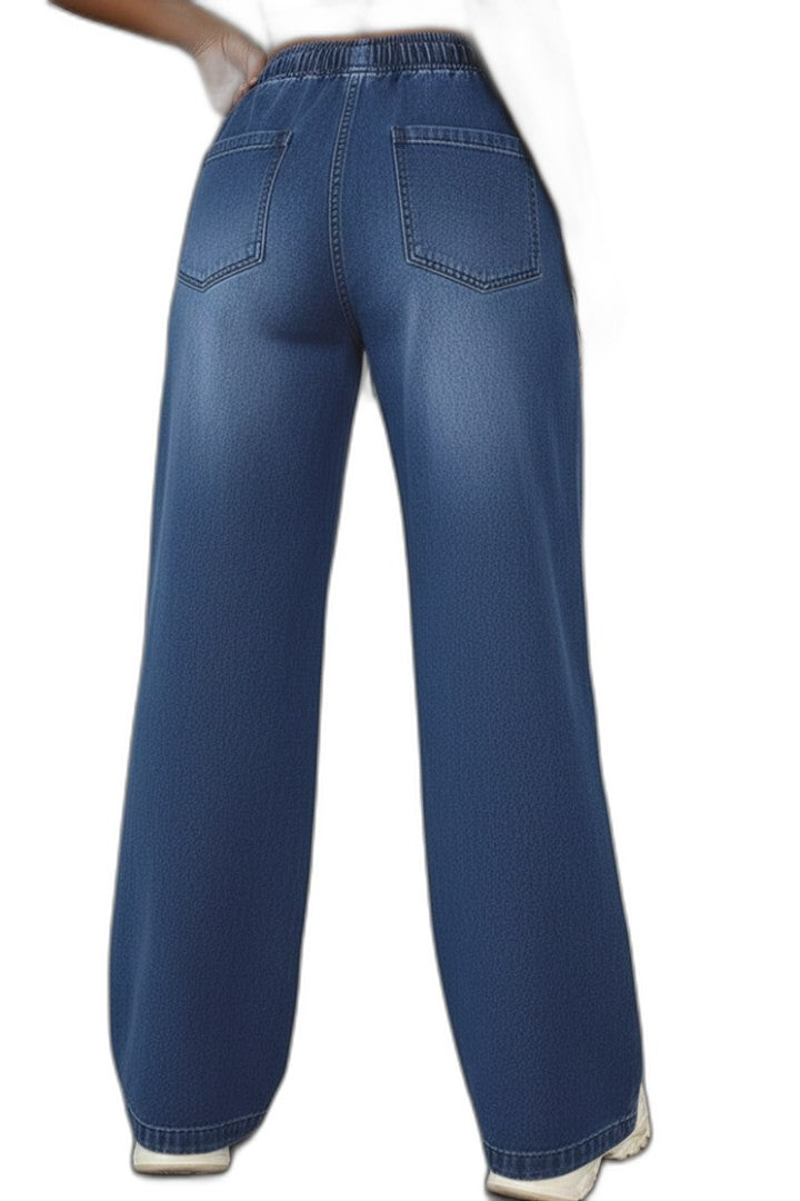 Effortless Blue Denim Jeans for Women with High Waisted Wide Leg Drawstring Pockets Casual Style