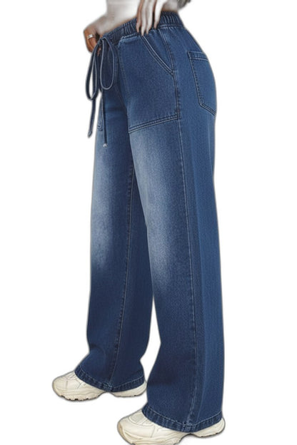 Effortless Blue Denim Jeans for Women with High Waisted Wide Leg Drawstring Pockets Casual Style