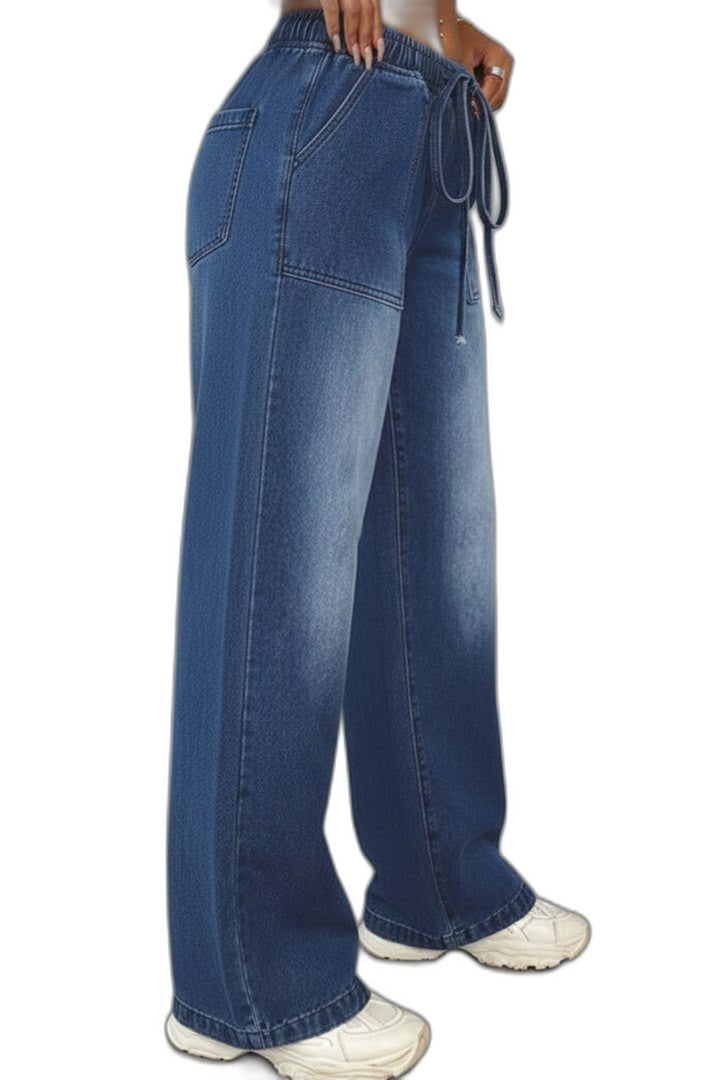 Effortless Blue Denim Jeans for Women with High Waisted Wide Leg Drawstring Pockets Casual Style