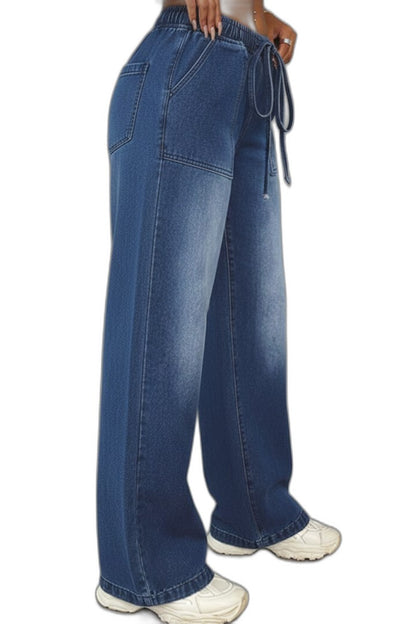 Effortless Blue Denim Jeans for Women with High Waisted Wide Leg Drawstring Pockets Casual Style