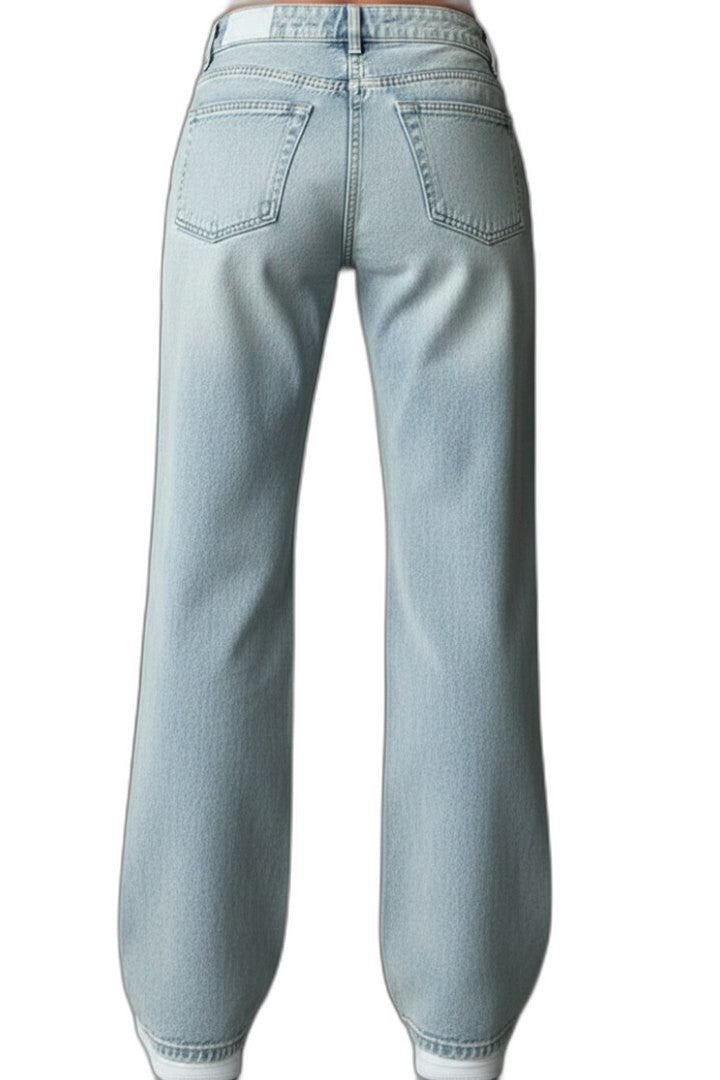 Effortless Blue Denim Jeans for Women with High Waisted Wide Leg Drawstring Pockets Casual Style