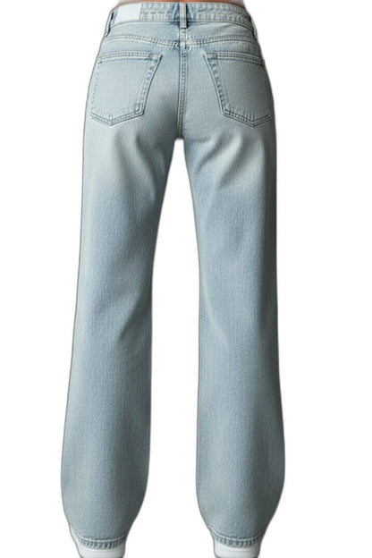 Effortless Blue Denim Jeans for Women with High Waisted Wide Leg Drawstring Pockets Casual Style