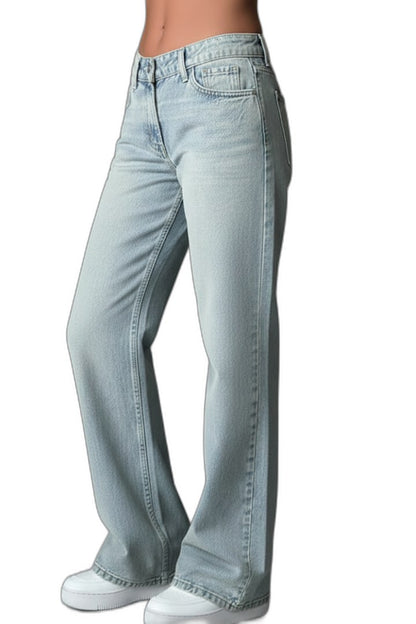 Effortless Blue Denim Jeans for Women with High Waisted Wide Leg Drawstring Pockets Casual Style
