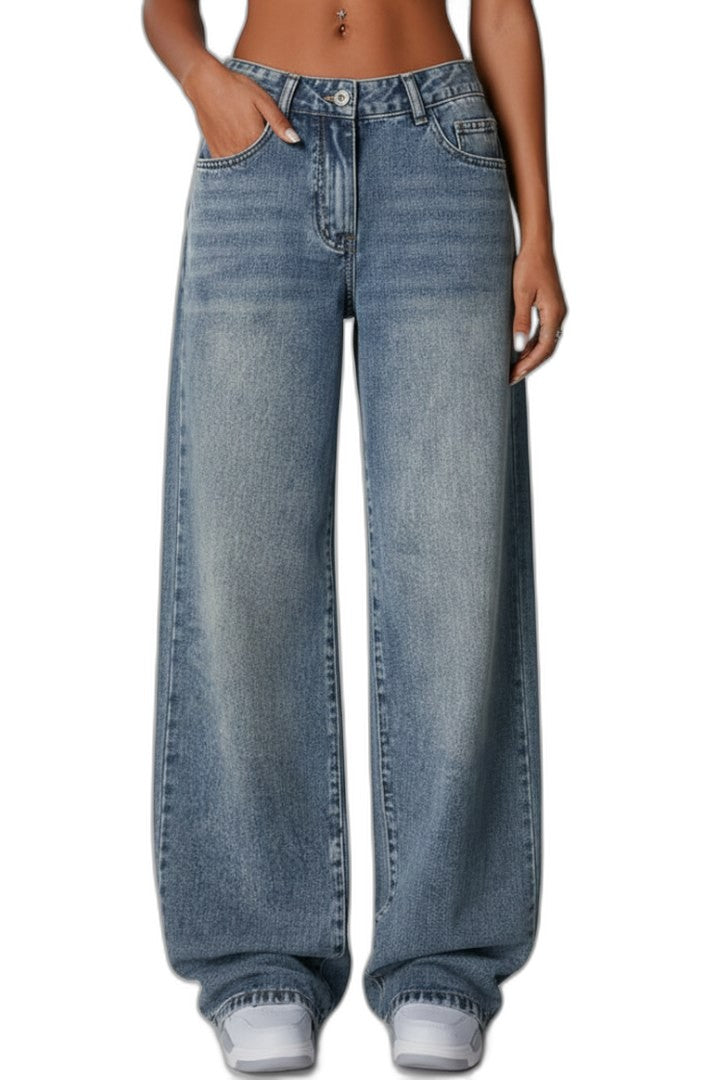 Effortless Blue Denim Jeans for Women with High Waisted Wide Leg Pockets Casual Style