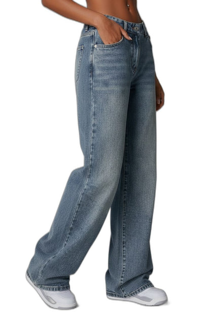 Effortless Blue Denim Jeans for Women with High Waisted Wide Leg Pockets Casual Style