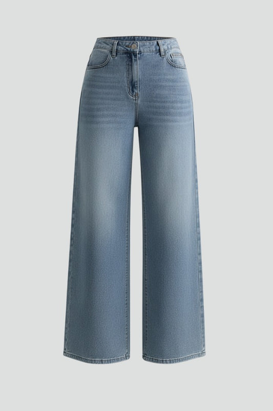 Effortless Blue Denim Jeans for Women with High Waisted Wide Leg Pockets Casual Style