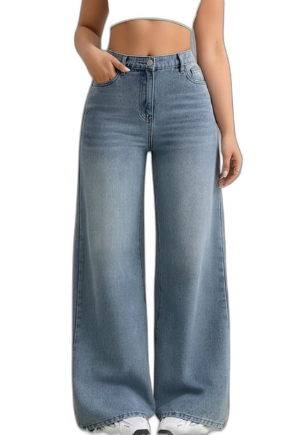 Effortless Blue Denim Jeans for Women with High Waisted Wide Leg Pockets Casual Style
