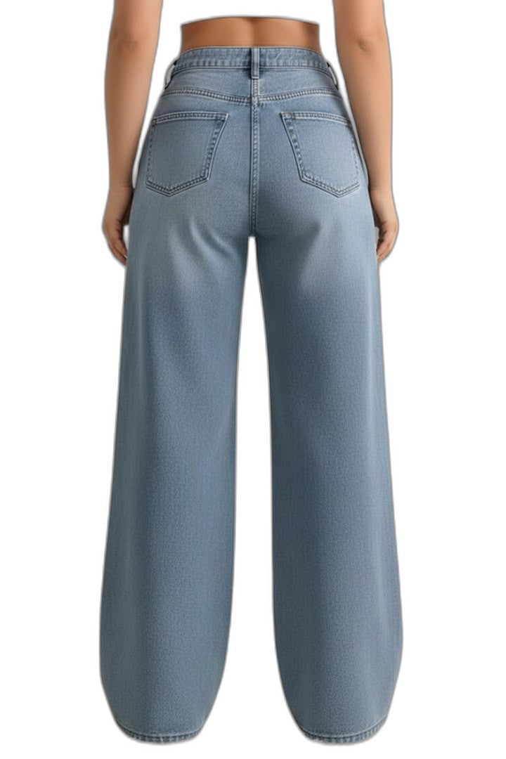 Effortless Blue Denim Jeans for Women with High Waisted Wide Leg Pockets Casual Style