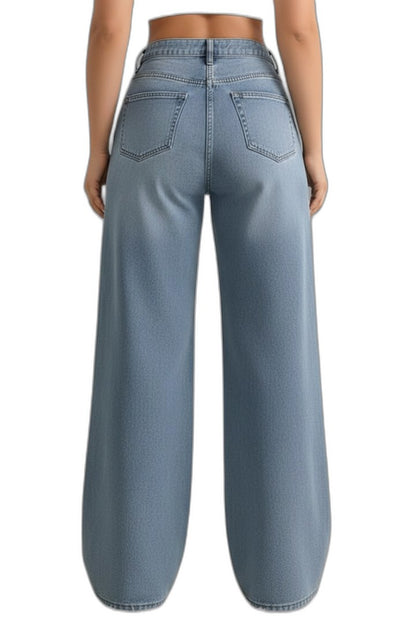 Effortless Blue Denim Jeans for Women with High Waisted Wide Leg Pockets Casual Style