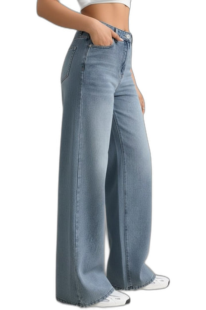 Effortless Blue Denim Jeans for Women with High Waisted Wide Leg Pockets Casual Style