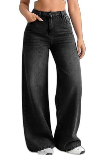 Effortless Blue Denim Jeans for Women with High Waisted Wide Leg Pockets Casual Style