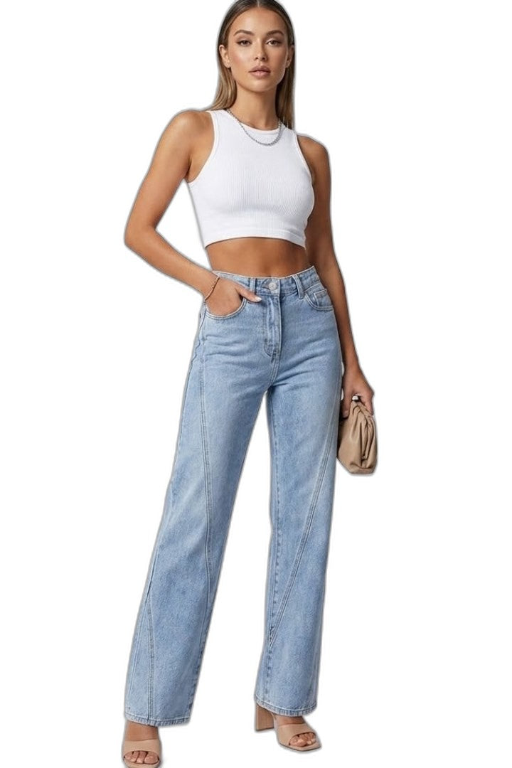 Effortless Blue Denim Jeans for Women with Straight Leg High Waisted Wide Casual Style