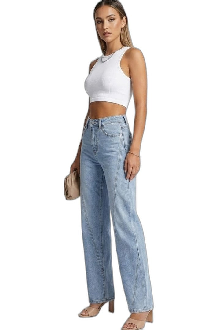 Effortless Blue Denim Jeans for Women with Straight Leg High Waisted Wide Casual Style