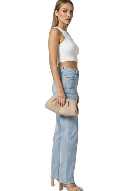 Effortless Blue Denim Jeans for Women with Straight Leg High Waisted Wide Casual Style