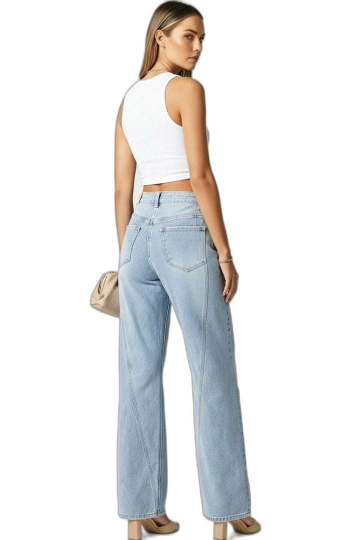 Effortless Blue Denim Jeans for Women with Straight Leg High Waisted Wide Casual Style