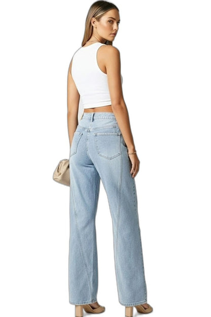 Effortless Blue Denim Jeans for Women with Straight Leg High Waisted Wide Casual Style