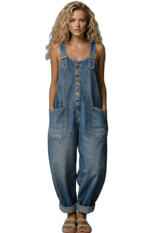 Effortless Blue Denim Jumpsuit for Women with Square Neck Sleeveless Button Front Oversized Pockets Casual Style