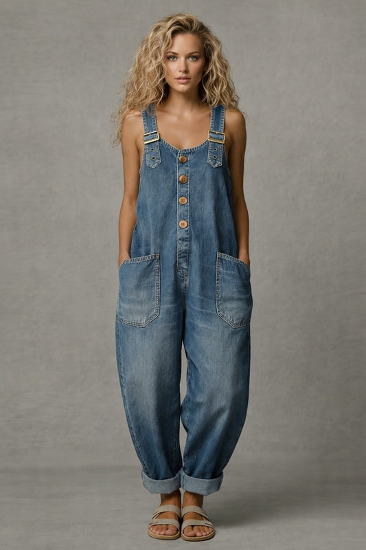Effortless Blue Denim Jumpsuit for Women with Square Neck Sleeveless Button Front Oversized Pockets Casual Style