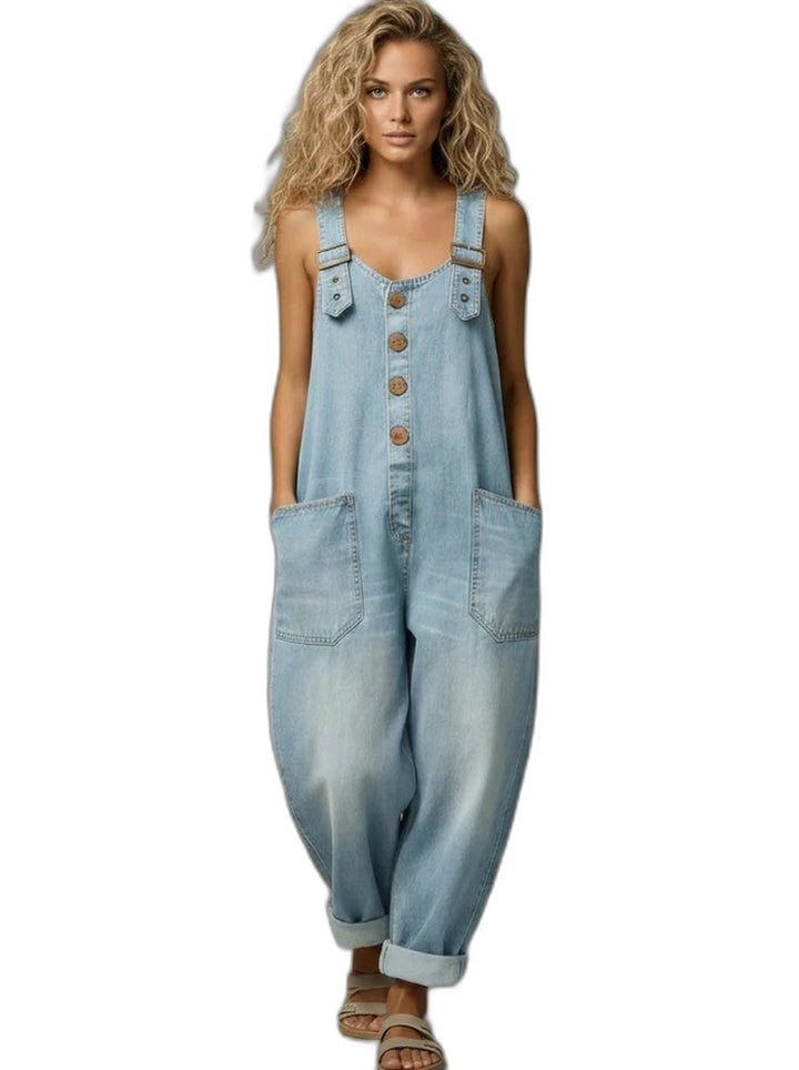 Effortless Blue Denim Jumpsuit for Women with Square Neck Sleeveless Button Front Oversized Pockets Casual Style