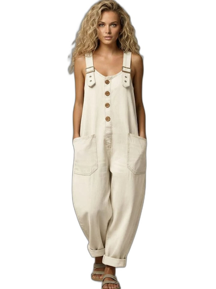 Effortless Blue Denim Jumpsuit for Women with Square Neck Sleeveless Button Front Oversized Pockets Casual Style