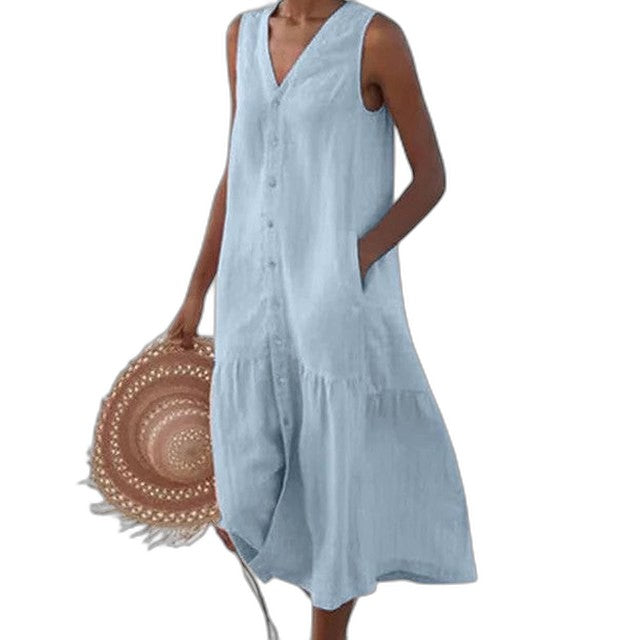 Effortless Blue Denim Jumpsuit for Women with V Neck Sleeveless Button Front Flowing Pockets Casual Style