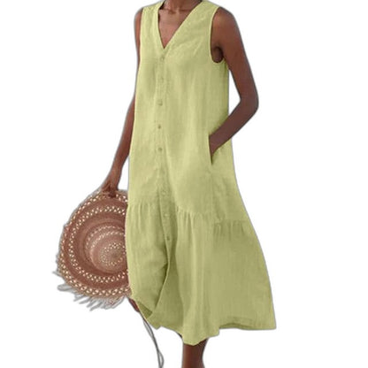 Effortless Blue Denim Jumpsuit for Women with V Neck Sleeveless Button Front Flowing Pockets Casual Style
