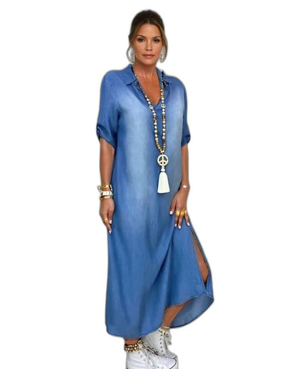 Effortless Blue Denim Maxi Dress for Women with Collared Short Sleeve Flowing Casual Style