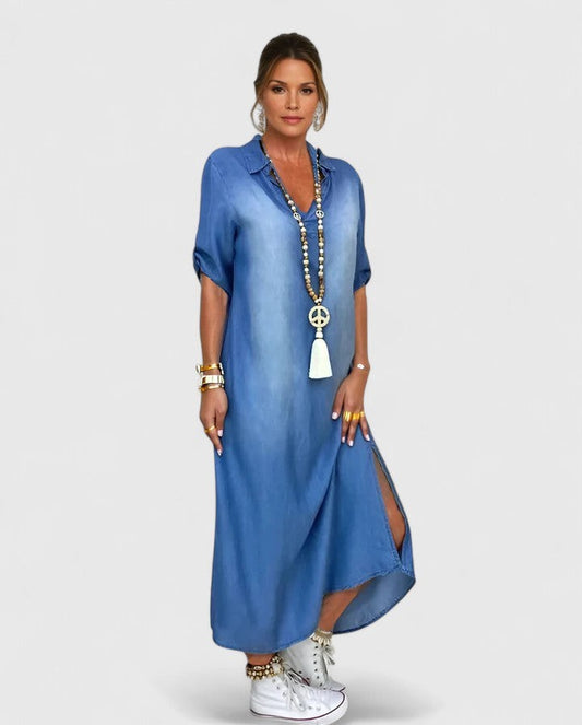 Effortless Blue Denim Maxi Dress for Women with Collared Short Sleeve Flowing Casual Style