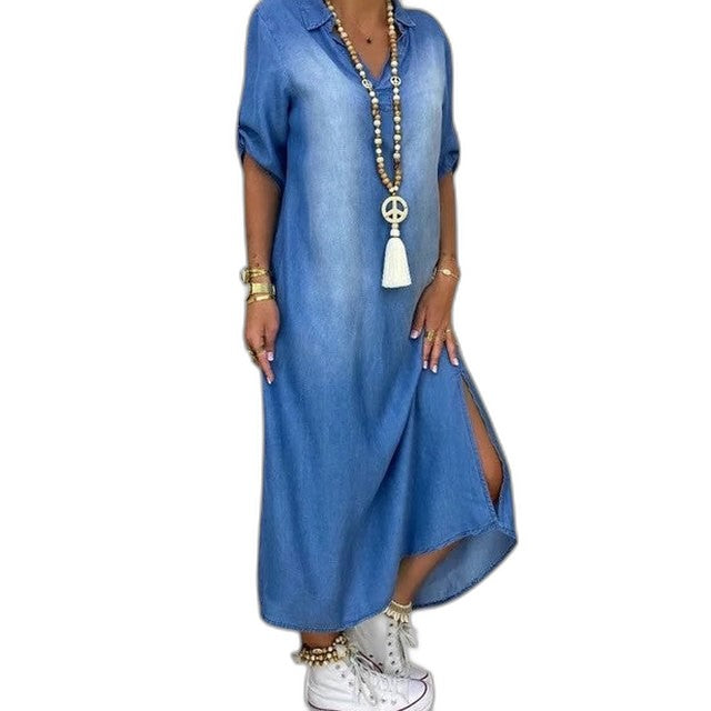 Effortless Blue Denim Maxi Dress for Women with Collared Short Sleeve Flowing Casual Style